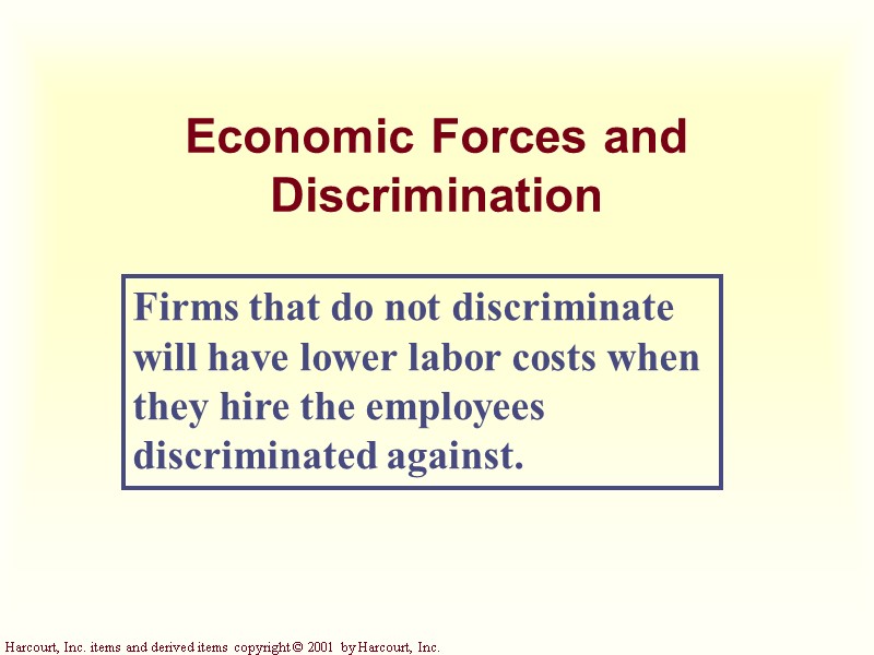 Economic Forces and Discrimination Firms that do not discriminate will have lower labor costs